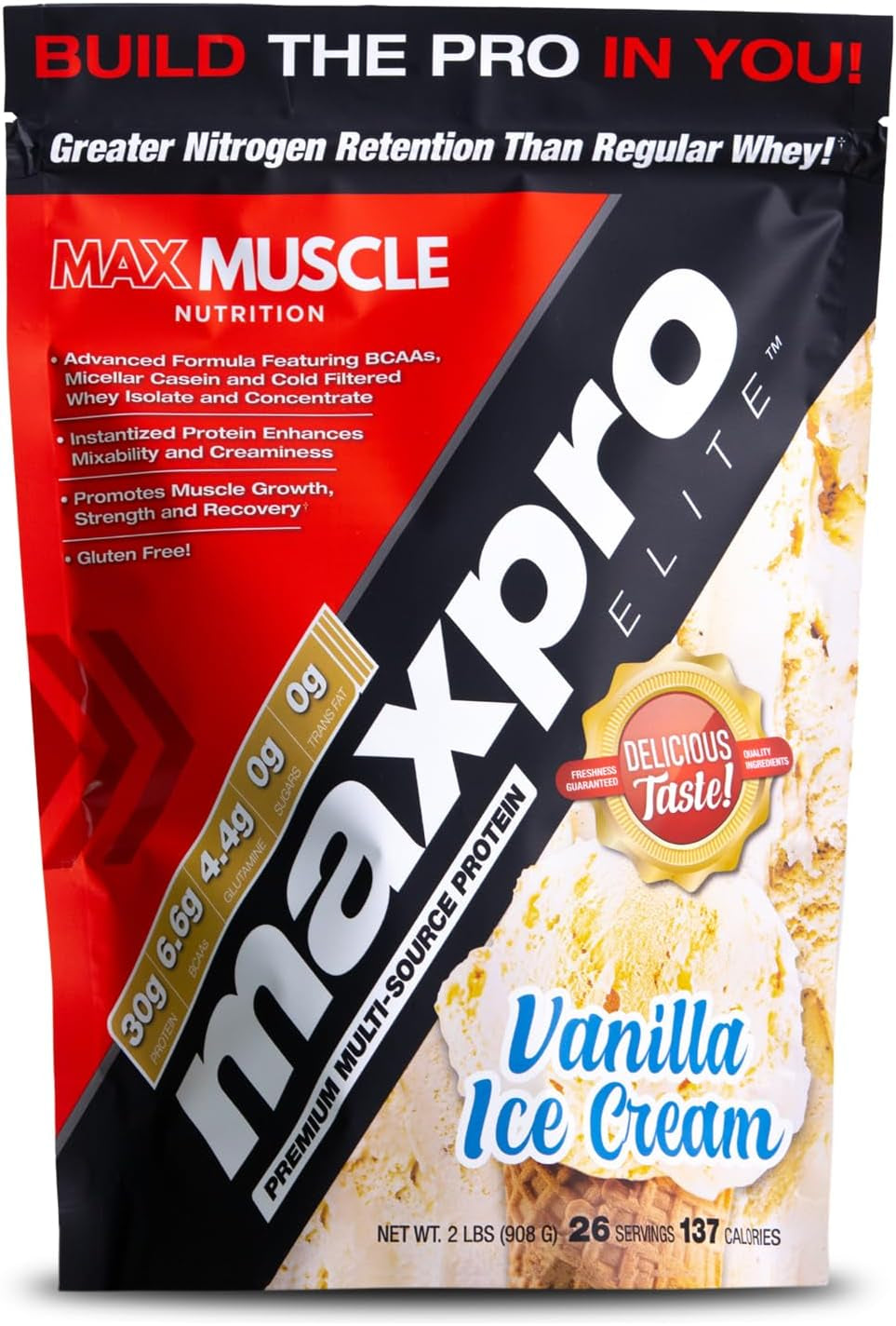 Max Muscle Maxpro Elite Premium Multi-Sourced 30G Whey Protein | Micellar Casein Cold Filtered Whey Isolate Protein Concentrate | Promotes Muscle Growth, Strength and Recovery (2Lb) (Café Latte, 2Lb)