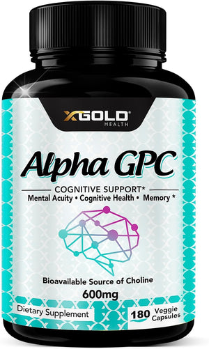 Alpha GPC Choline Supplement 600Mg, 99%+ Highly Purified, Highly Bioavailable Source of Choline,180 Veggie Capsules, Cognitive Enhancer Nootropic, Supports Memory & Brain Function, Boosts Focus & Mood