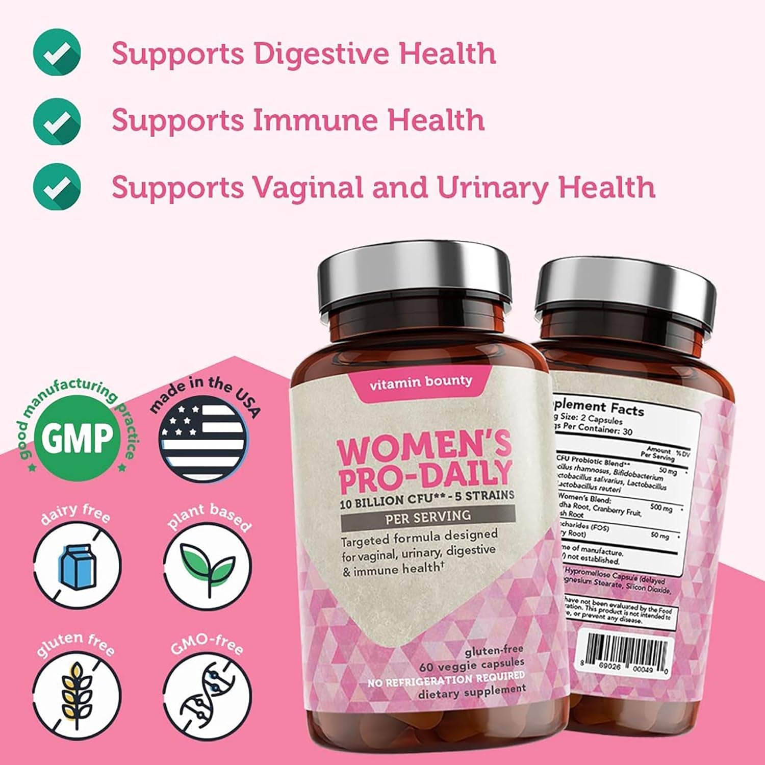 Vitamin Bounty Women'S Pro-Daily Probiotic - 10 Billion Cfus, and 5 Strains, Help Vaginal & Digestive Health, Vaginal Probiotic & Prebiotic & Ph Balance, Cranberry, Gluten-Free - 60 Capsules