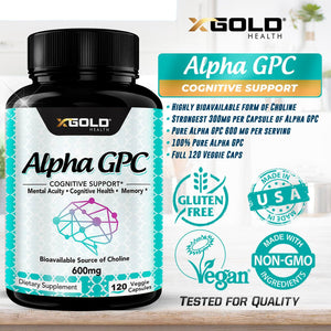 Alpha GPC Choline Supplement 600Mg, 99%+ Highly Purified, Highly Bioavailable Source of Choline,180 Veggie Capsules, Cognitive Enhancer Nootropic, Supports Memory & Brain Function, Boosts Focus & Mood