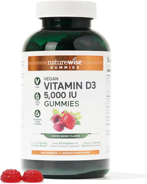 Naturewise Vitamin D3 5000 IU Gummies - Mixed Berry Flavor - Vitamin D Gummies for Adults, Immune Support Supplement, Muscle & Bone Strength - Vegan, Gluten Free, Non-Gmo - 60 Gummies[1-Month Supply]