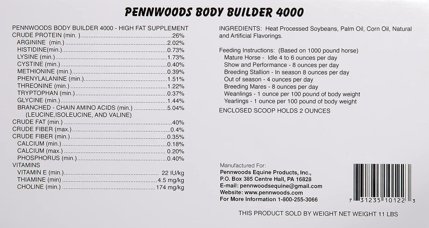 Body Builder 4000, Horse Weight Gain Supplement, High Fat and Energy Horse Weight Builder with Body Conditioning Horse Vitamins, Improves Hoof Quality - 12Lb Bag