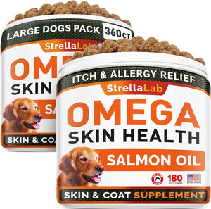 Strellalab Omega 3 for Dogs - (180Ct) Fish Oil Treats - Allergy & Itch Relief Skin&Coat Supplement - Dry Itchy Skin, Shedding, Hot Spots Treatment, anti Itch - Pet Salmon Oil Chews - Chicken Flavor