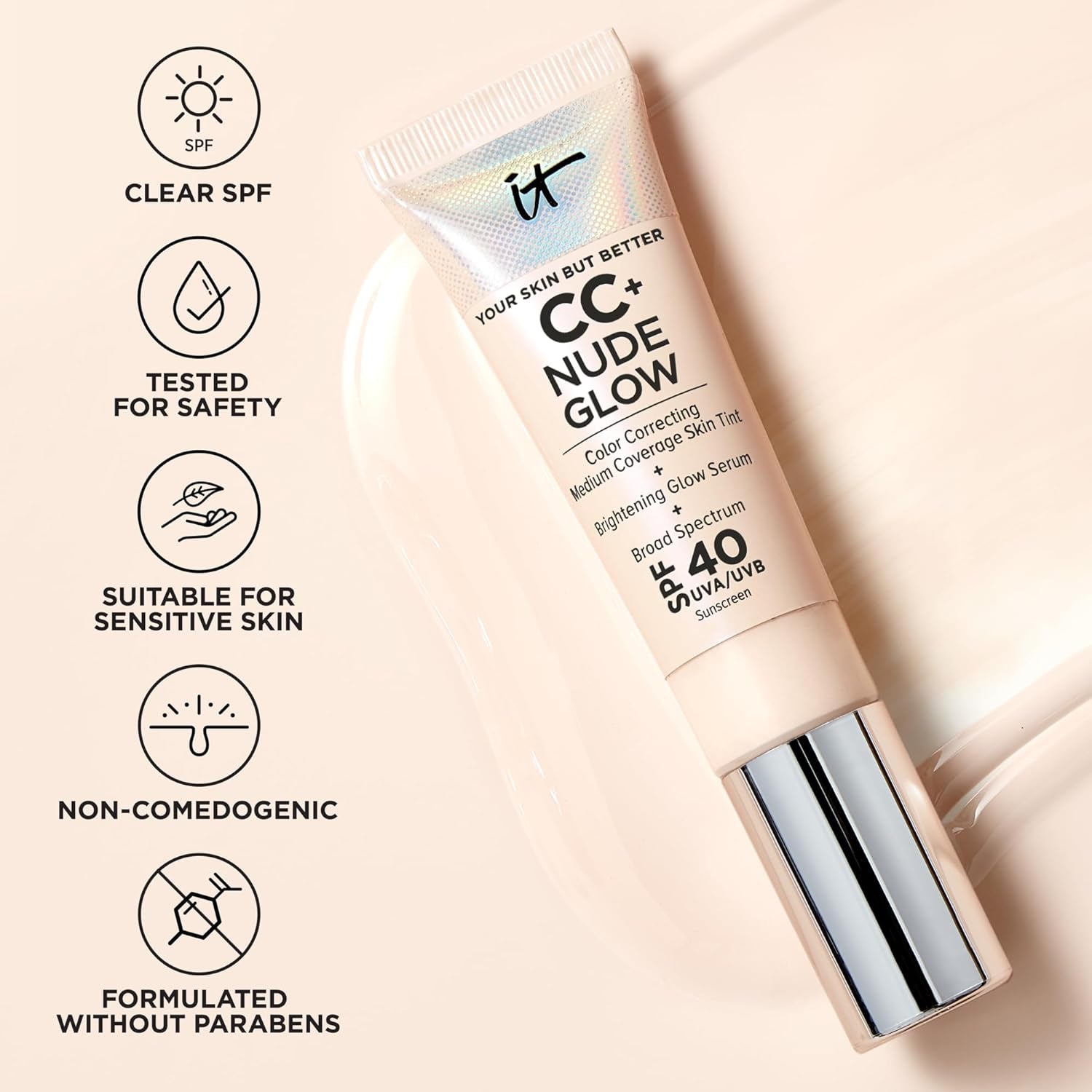 IT Cosmetics CC+ Nude Glow Lightweight Foundation + Glow Serum with SPF 40 - with Niacinamide, Hyaluronic Acid & Green Tea Extract - 1.08 Fl Oz