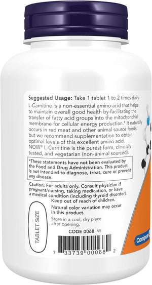 NOW Supplements, L-Carnitine 1,000 Mg, Purest Form, Amino Acid, Fitness Support*, 100 Tablets