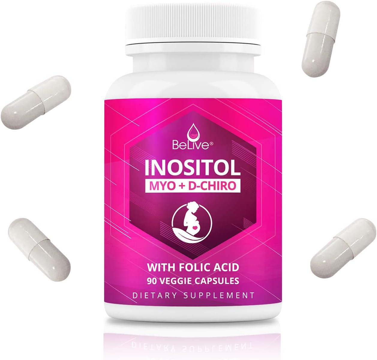 Myo-Inositol & D-Chiro Inositol Capsules - 90Ct I Inositol Supplement with Folic Acid for PCOS, Reproductive Health & Hormonal Balance, Fertility Supplements for Woman, Optimal 40:1 Ratio (1)