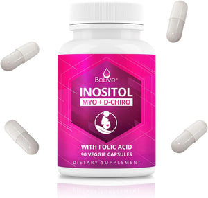 Myo-Inositol & D-Chiro Inositol Capsules - 90Ct I Inositol Supplement with Folic Acid for PCOS, Reproductive Health & Hormonal Balance, Fertility Supplements for Woman, Optimal 40:1 Ratio (1)