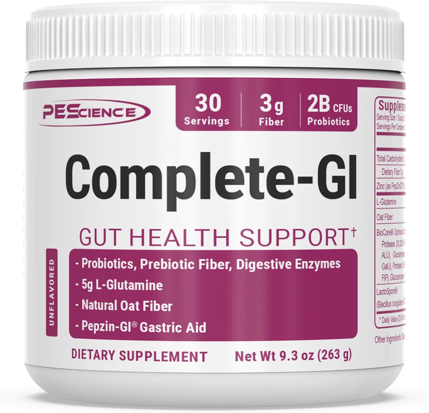 Pescience Complete GI, Unflavored, Probiotic with Zinc Carnosine, Digestive Enzyme, & Prebiotic Fiber Powder, 30 Serving