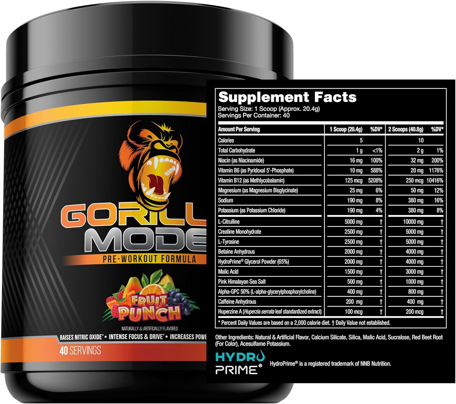 Gorilla Mode Pre Workout - Massive Pumps · Laser Focus · Energy · Power - L-Citrulline, Creatine, L-Tyrosine, Betaine, Hydroprime®, Alpha-Gpc, 400Mg Caffeine, Huperzine a - 800G (Watermelon)