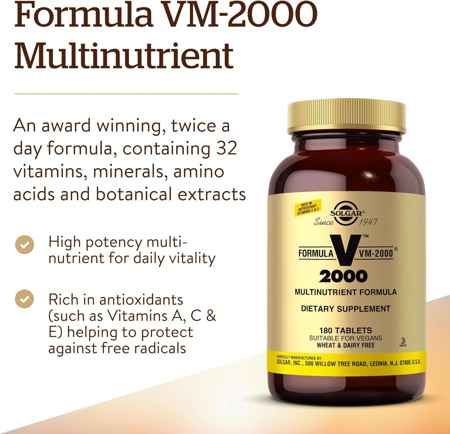 Solgar Formula VM-2000 (Multinutrient System), 180 Tablets - Premium Quality Multiple - Contains Zinc - Supports a Healthy Immune System - Vegan, Dairy Free, Kosher - 90 Servings