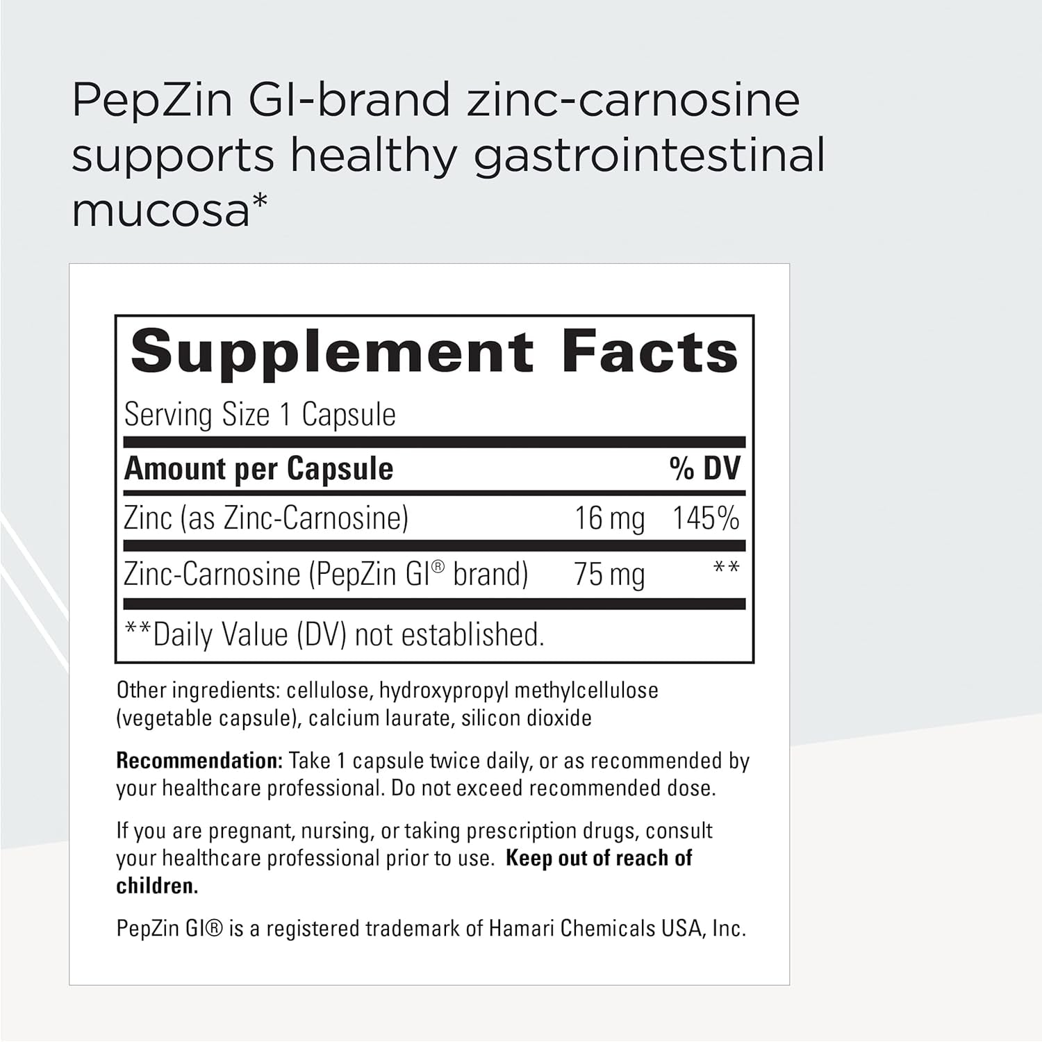 Zinc-Carnosine - Pepzin GI Brand Supplement with Zinc-Carnosine - GI Tract Support* - GI Support Supplement with Zinc-Carnosine* - Gluten Free & Vegan - 60 Capsules