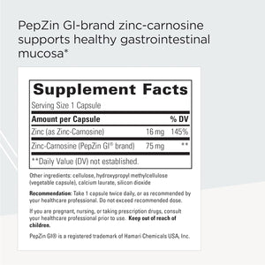 Zinc-Carnosine - Pepzin GI Brand Supplement with Zinc-Carnosine - GI Tract Support* - GI Support Supplement with Zinc-Carnosine* - Gluten Free & Vegan - 60 Capsules