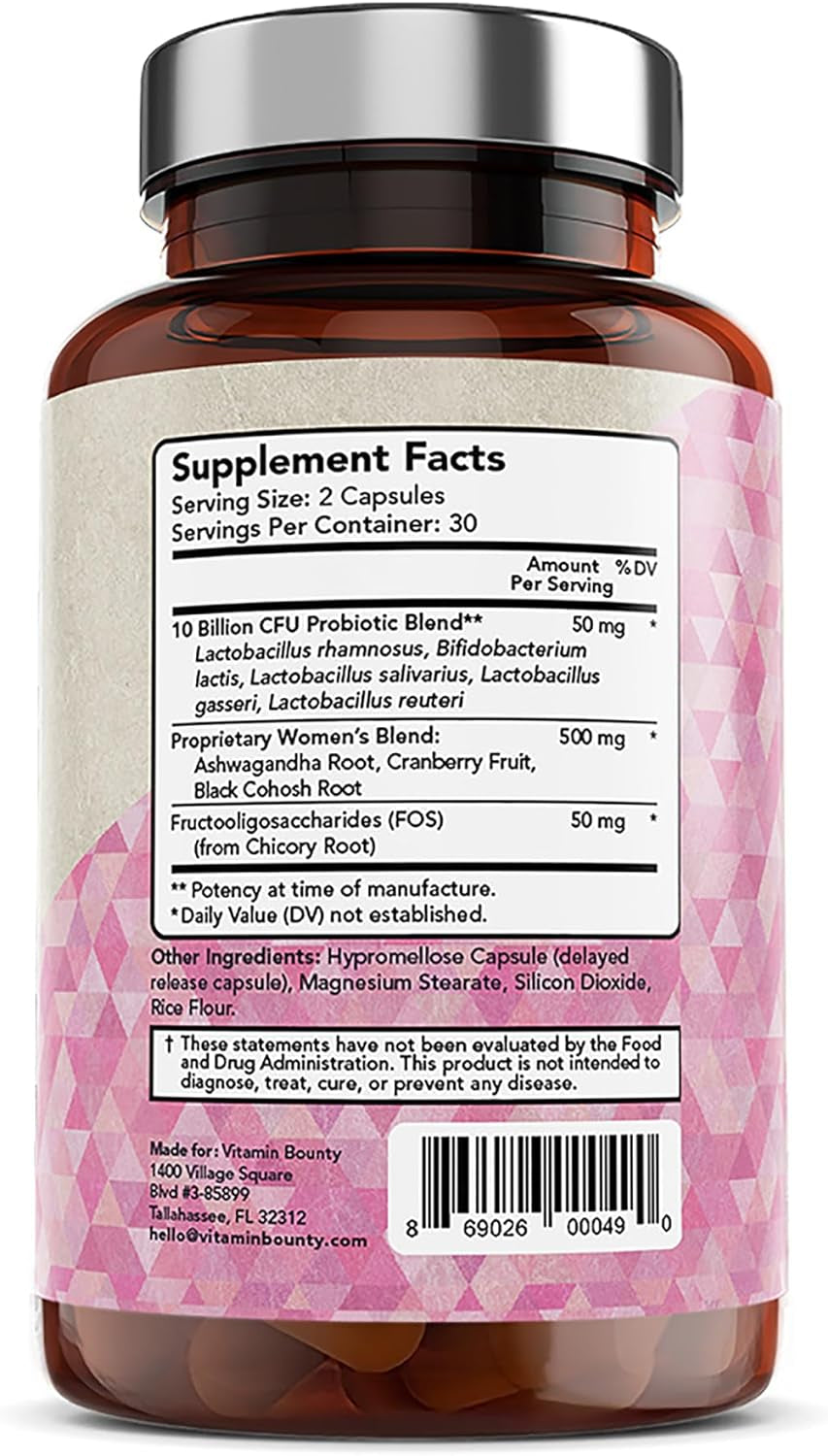 Vitamin Bounty Women'S Pro-Daily Probiotic - 10 Billion Cfus, and 5 Strains, Help Vaginal & Digestive Health, Vaginal Probiotic & Prebiotic & Ph Balance, Cranberry, Gluten-Free - 60 Capsules