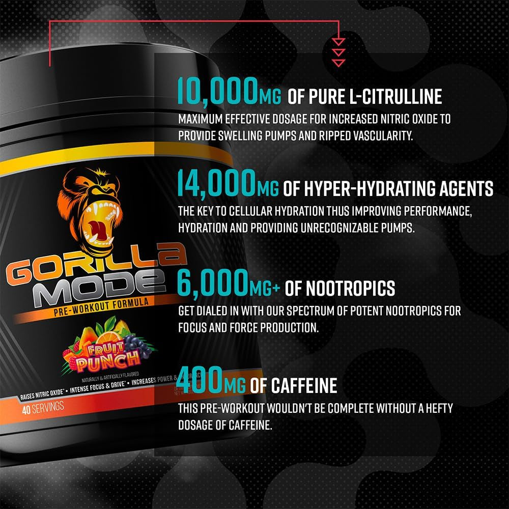 Gorilla Mode Pre Workout - Massive Pumps · Laser Focus · Energy · Power - L-Citrulline, Creatine, L-Tyrosine, Betaine, Hydroprime®, Alpha-Gpc, 400Mg Caffeine, Huperzine a - 800G (Watermelon)