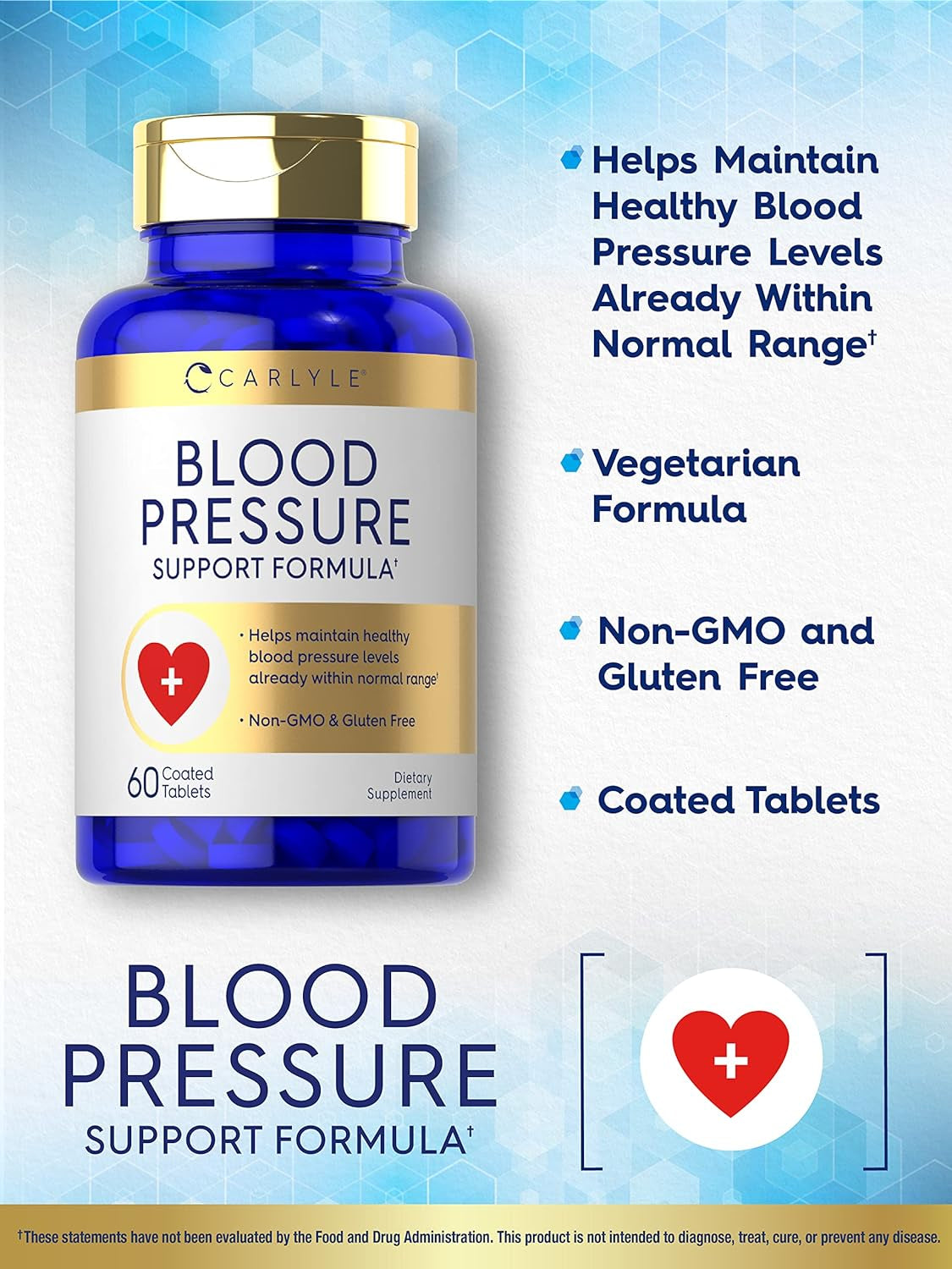 Carlyle Blood Pressure Supplements | 60 Coated Tablets | Blood Pressure Support Formula | Vegetarian, Non-Gmo, Gluten Free