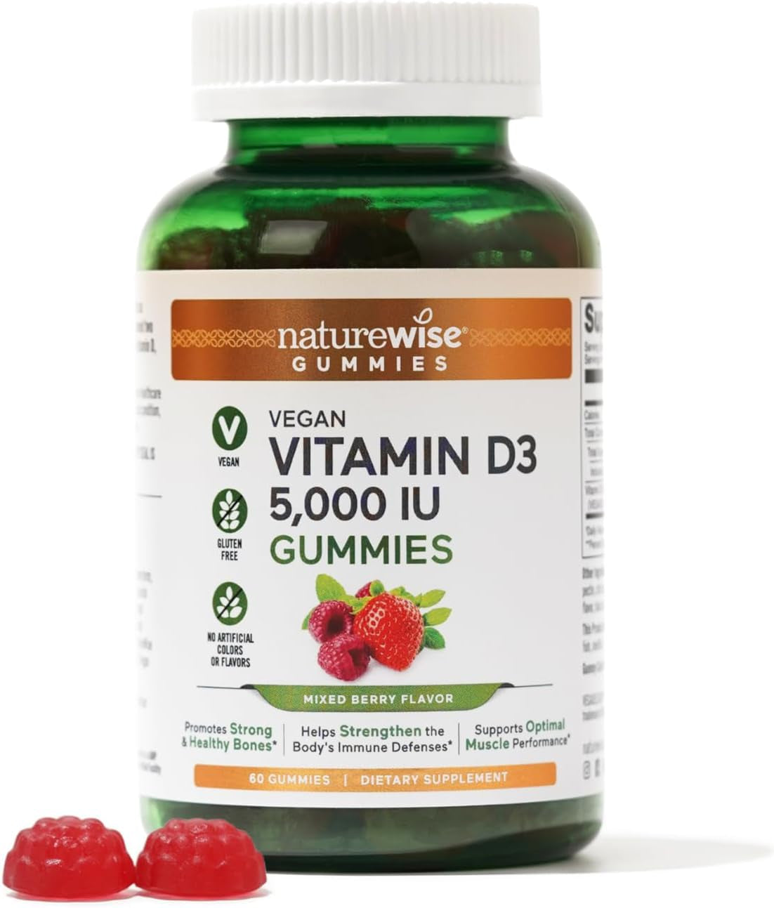 Naturewise Vitamin D3 5000 IU Gummies - Mixed Berry Flavor - Vitamin D Gummies for Adults, Immune Support Supplement, Muscle & Bone Strength - Vegan, Gluten Free, Non-Gmo - 60 Gummies[1-Month Supply]