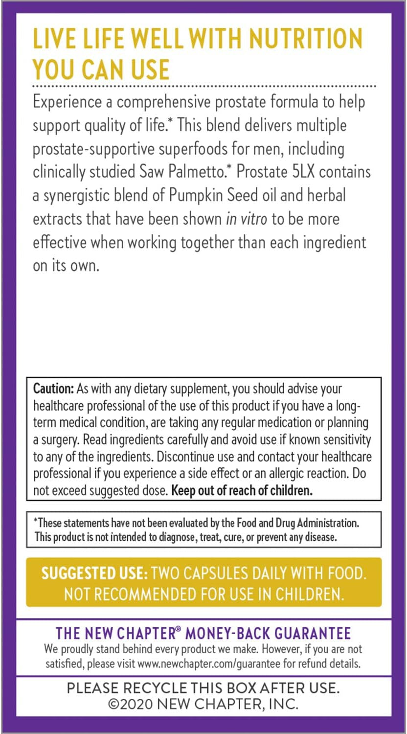 New Chapter Prostate Supplement - Prostate 5LX™ with Clinical Strength Saw Palmetto + Fermented Selenium for Prostate Health - 120 Ct Vegetarian Capsule