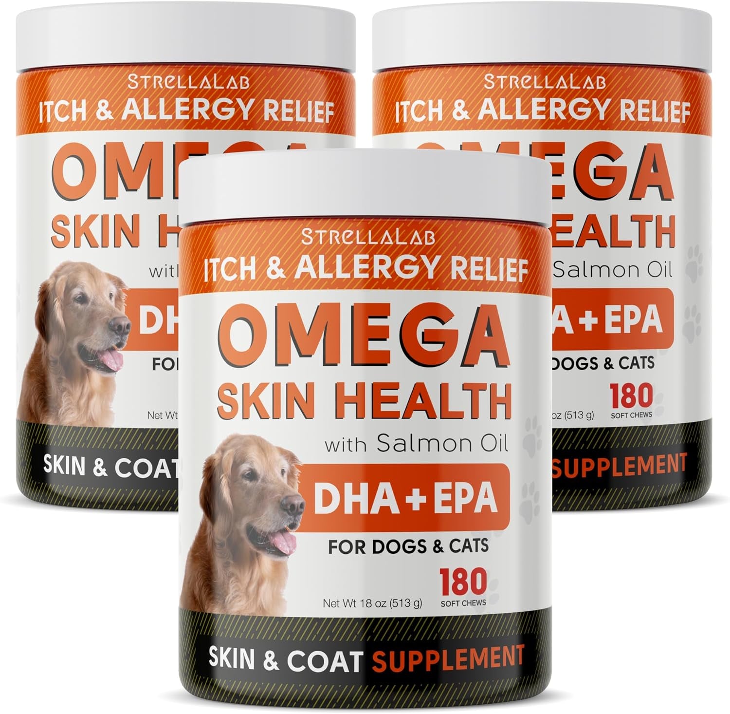 Strellalab Omega 3 for Dogs - (180Ct) Fish Oil Treats - Allergy & Itch Relief Skin&Coat Supplement - Dry Itchy Skin, Shedding, Hot Spots Treatment, anti Itch - Pet Salmon Oil Chews - Chicken Flavor