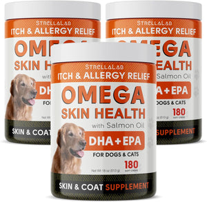 Strellalab Omega 3 for Dogs - (180Ct) Fish Oil Treats - Allergy & Itch Relief Skin&Coat Supplement - Dry Itchy Skin, Shedding, Hot Spots Treatment, anti Itch - Pet Salmon Oil Chews - Chicken Flavor