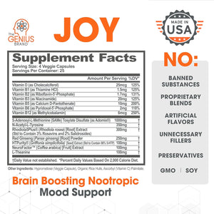 Genius Joy, Nootropic Mood Enhancer Supplement - Support Cognitive Health, Enhance Mood & Neural Function with Brain Boosting L-Theanine, Panax Ginseng & Sam-E - Organic, Non-Gmo, & Gluten-Free