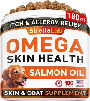 Strellalab Omega 3 for Dogs - (180Ct) Fish Oil Treats - Allergy & Itch Relief Skin&Coat Supplement - Dry Itchy Skin, Shedding, Hot Spots Treatment, anti Itch - Pet Salmon Oil Chews - Chicken Flavor