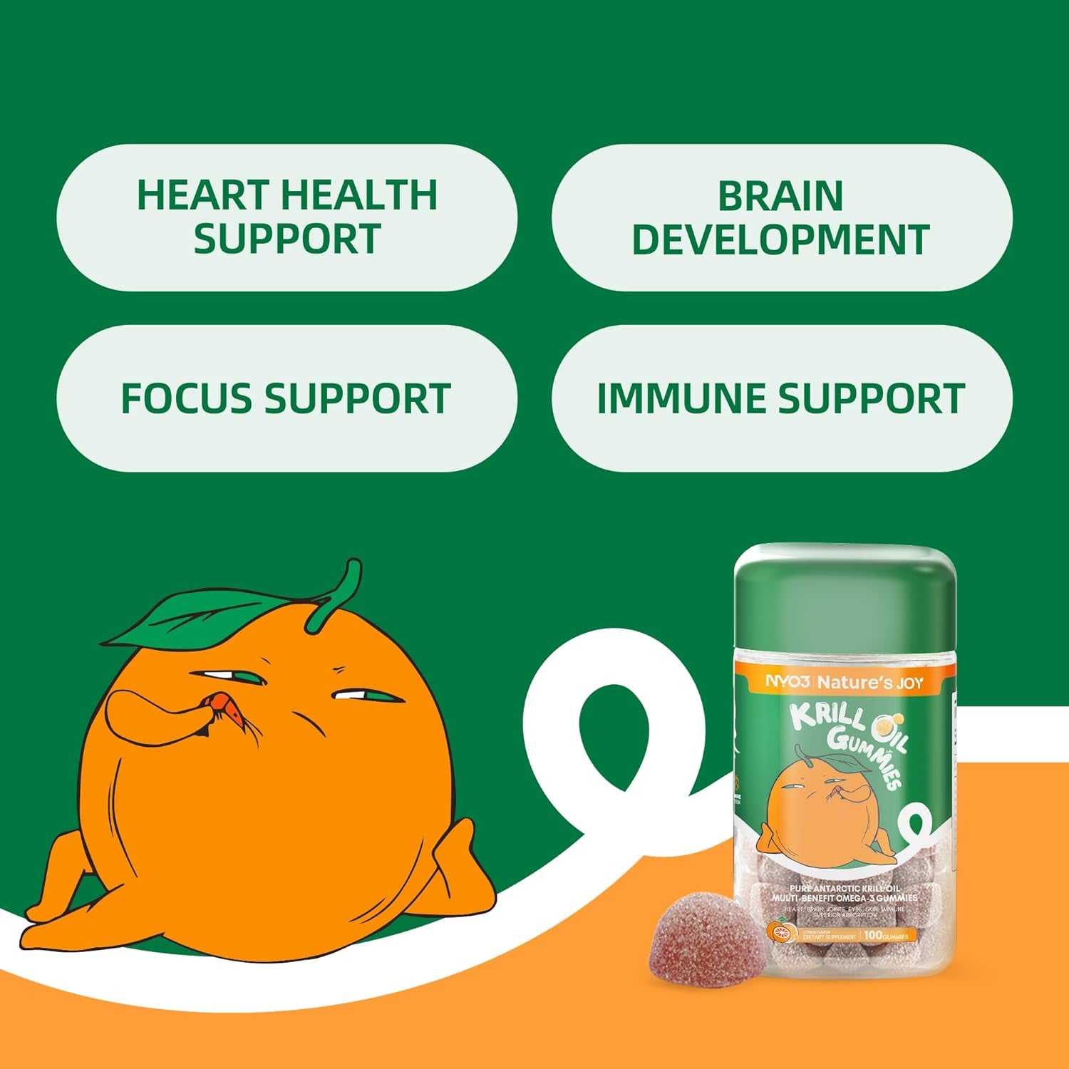 Omega 3 Gummies for Kids, Krill Oil Gummies 135Mg for Adults, EPA + DHA Omega 3 Supplement for Joint, Heart, Brain and Immunity Health Support, Orange Flavor 100 Gummies Chews