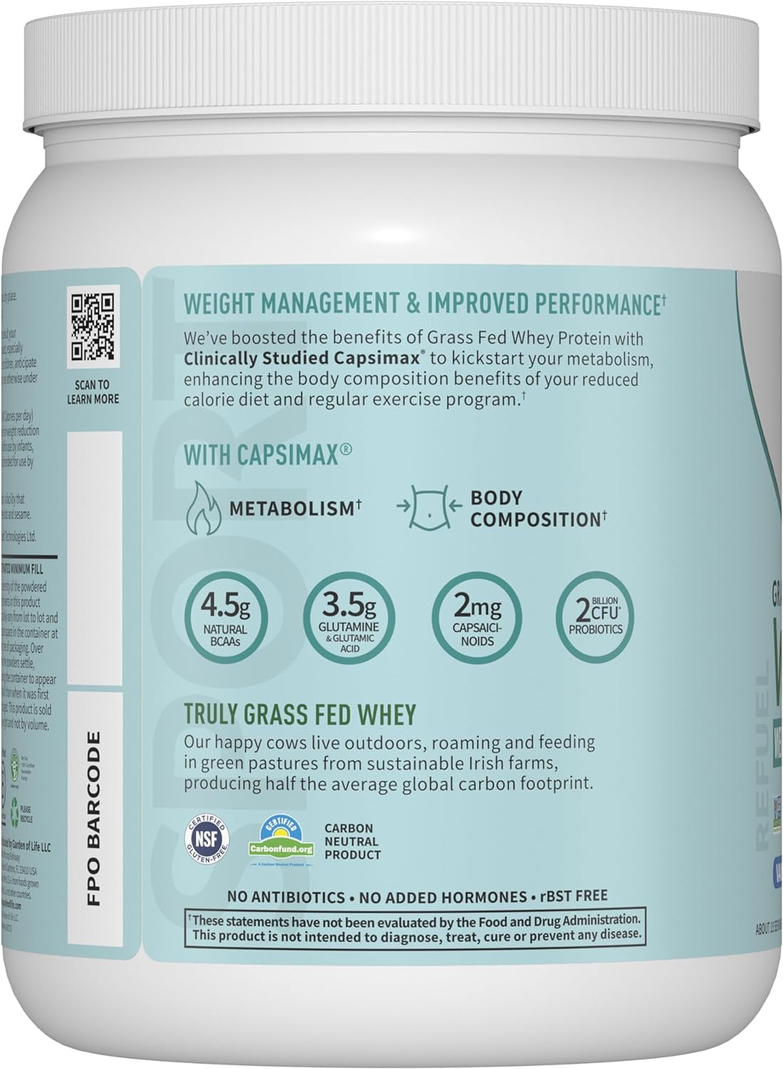 Garden of Life SPORT Whey plus Weight Management with Amino Energy - 20G of Grass Fed Protein Isolate for Women and Men - Vanilla Powder - with Capsimax, 2 Billion CFU Probiotics, about 15 Servings