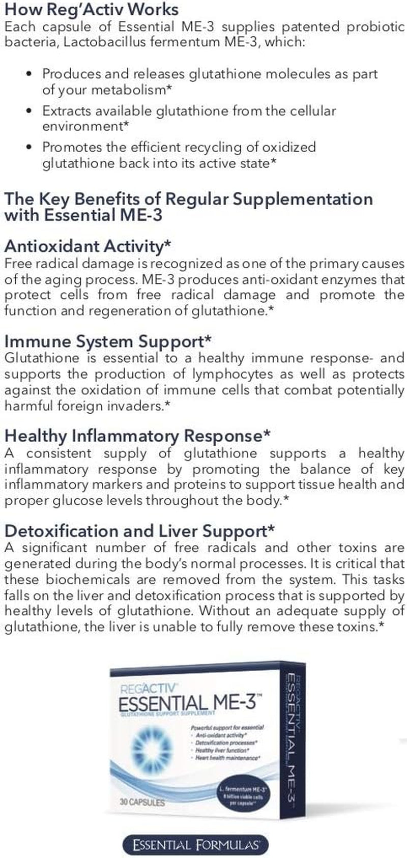 Essential ME-3, 30 Capsules. a Glutathione-Producing Probiotic That Delivers Glutathione to the Intestine for Efficient Guthatione Supplementation