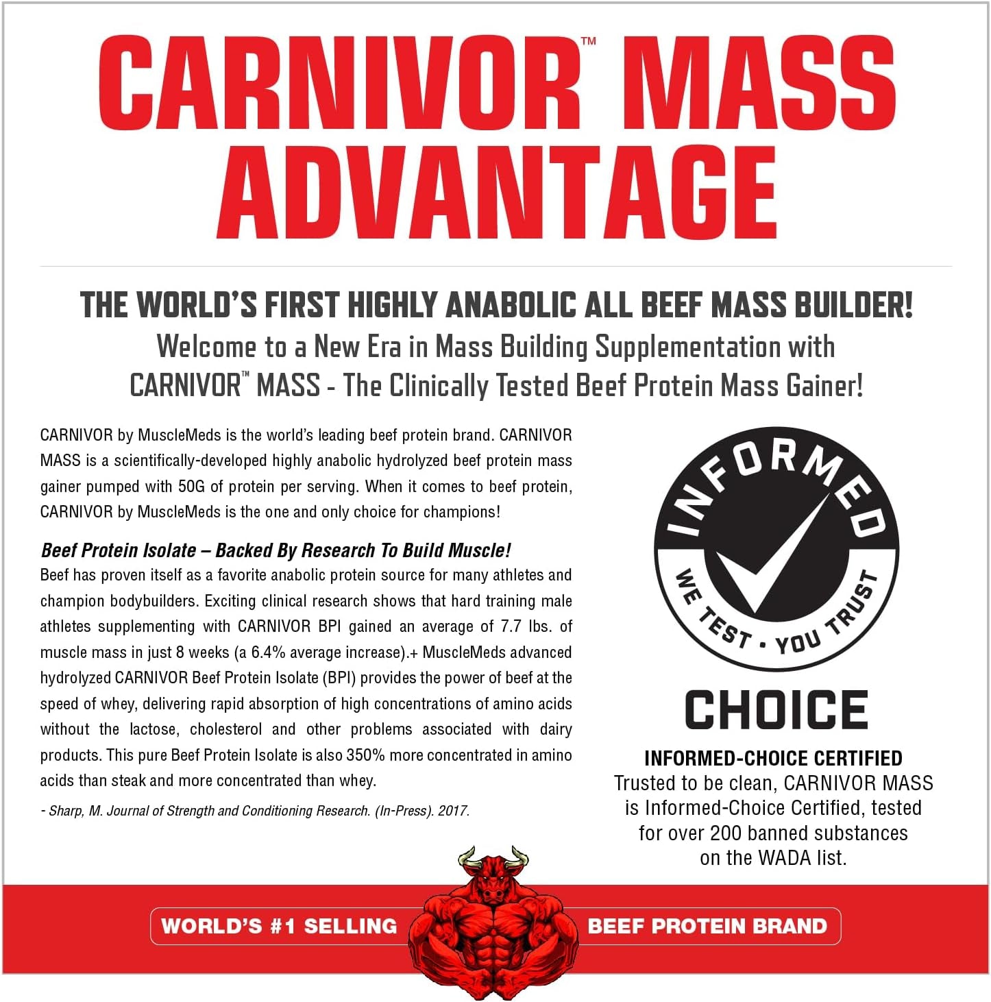 Musclemeds CARNIVOR Mass Gainer Beef Protein Isolate Shake, 50 Grams Protein, 125 Grams Carbs, 0 Fat, 0 Sugar, Lactose Free, Vanilla Caramel, 5 Pound