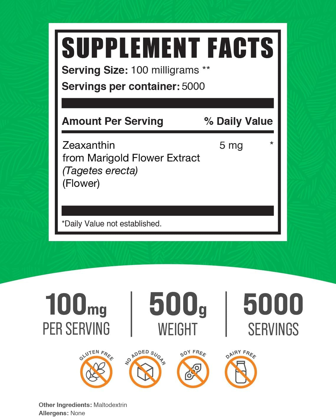 Bulksupplements.Com Zeaxanthin Powder - Zeaxanthin Supplements, from Marigold Flower Extract - Gluten Free, 100Mg (Zeaxanthin 5Mg) per Serving, 500G (1.1 Lbs) (Pack of 1)