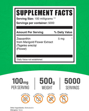 Bulksupplements.Com Zeaxanthin Powder - Zeaxanthin Supplements, from Marigold Flower Extract - Gluten Free, 100Mg (Zeaxanthin 5Mg) per Serving, 500G (1.1 Lbs) (Pack of 1)