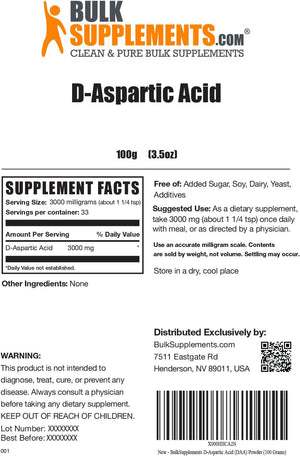 Bulksupplements.Com D-Aspartic Acid Powder - DAA Supplement for Men & Women, D-Aspartic Acid 3000Mg - Unflavored & Gluten Free, 3000Mg per Serving, 1Kg (2.2 Lbs) (Pack of 1)