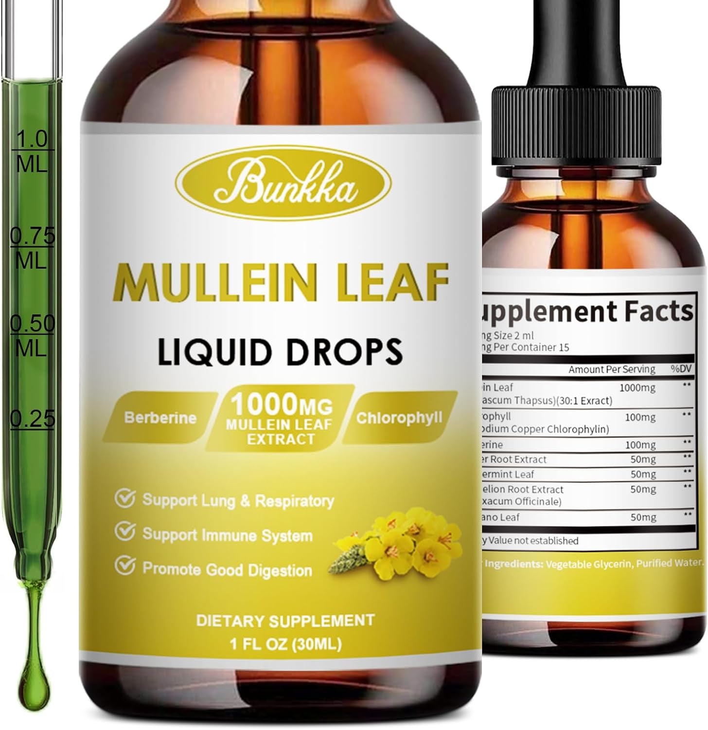 Mullein Drops for Lungs, 30000Mg Mullein Leaf Extract, 7-In-1 Mullein Tincture with Chlorophyll, Berberine, Ginger Root（2 PCAK）