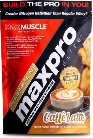 Max Muscle Maxpro Elite Premium Multi-Sourced 30G Whey Protein | Micellar Casein Cold Filtered Whey Isolate Protein Concentrate | Promotes Muscle Growth, Strength and Recovery (2Lb) (Café Latte, 2Lb)