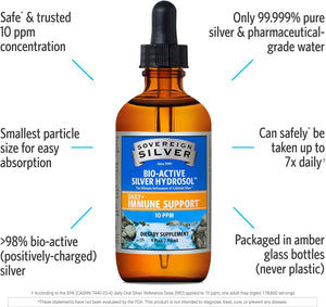 Sovereign Silver Bio-Active Silver Hydrosol for Immune Support - Colloidal Silver Liquid - 10 Ppm, 8Oz (236Ml) - Dropper