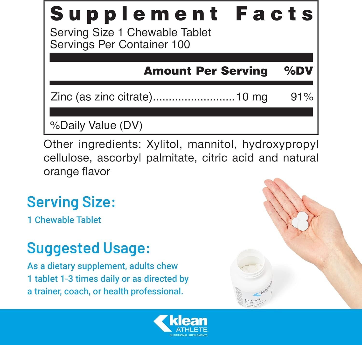 Klean ATHLETE Klean Zinc | Support for Immune System Function | NSF Certified for Sport | 100 Chewable Tablets | Natural Orange Flavor