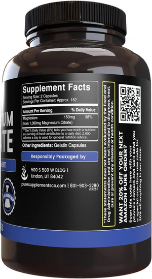 Pure Original Ingredients Magnesium Citrate (365 Capsules) No Magnesium or Rice Fillers, Always Pure, Lab Verified