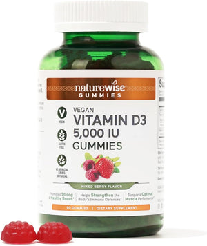 Naturewise Vitamin D3 5000 IU Gummies - Mixed Berry Flavor - Vitamin D Gummies for Adults, Immune Support Supplement, Muscle & Bone Strength - Vegan, Gluten Free, Non-Gmo - 60 Gummies[1-Month Supply]