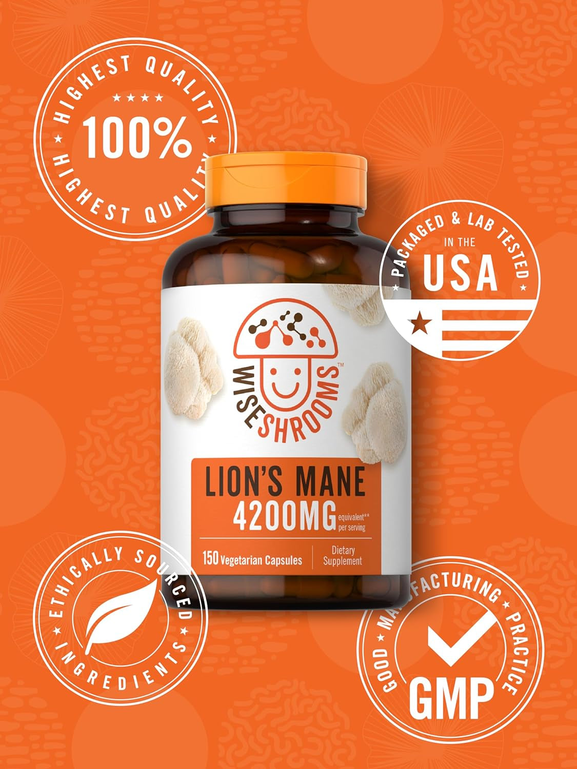 Lions Mane Supplement Capsules 4200 Mg | 150 Count | Vegetarian, Non-Gmo, Gluten Free | Wiseshrooms