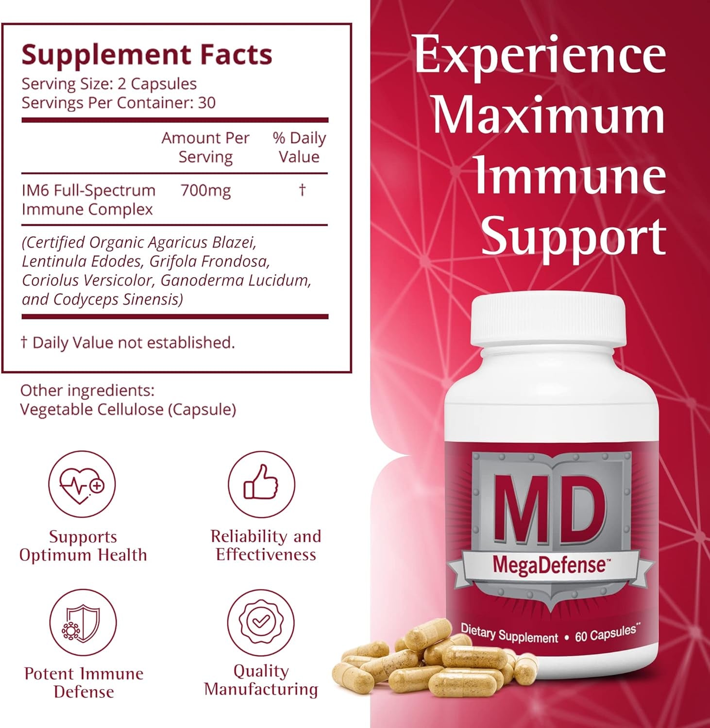 Megadefense Mushroom Capsules for Daily Wellness, 6 Mushroom Supplement: Reishi, Turkey Tail, Cordyceps, Maitake, Agaricus & Shiitake, Non-Gmo (2 Bott / 60 Veggie Cap Serv)