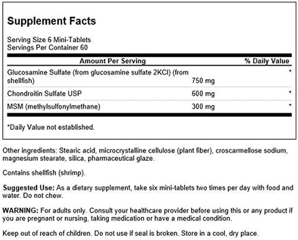 Mini-Tabs Glucosamine Chondroitin & Msm Joint Mobility Flexibility Comfort Cartilage Connective Tissue Health Support 750/600/300 Milligrams 360 Tabs 3 Pack