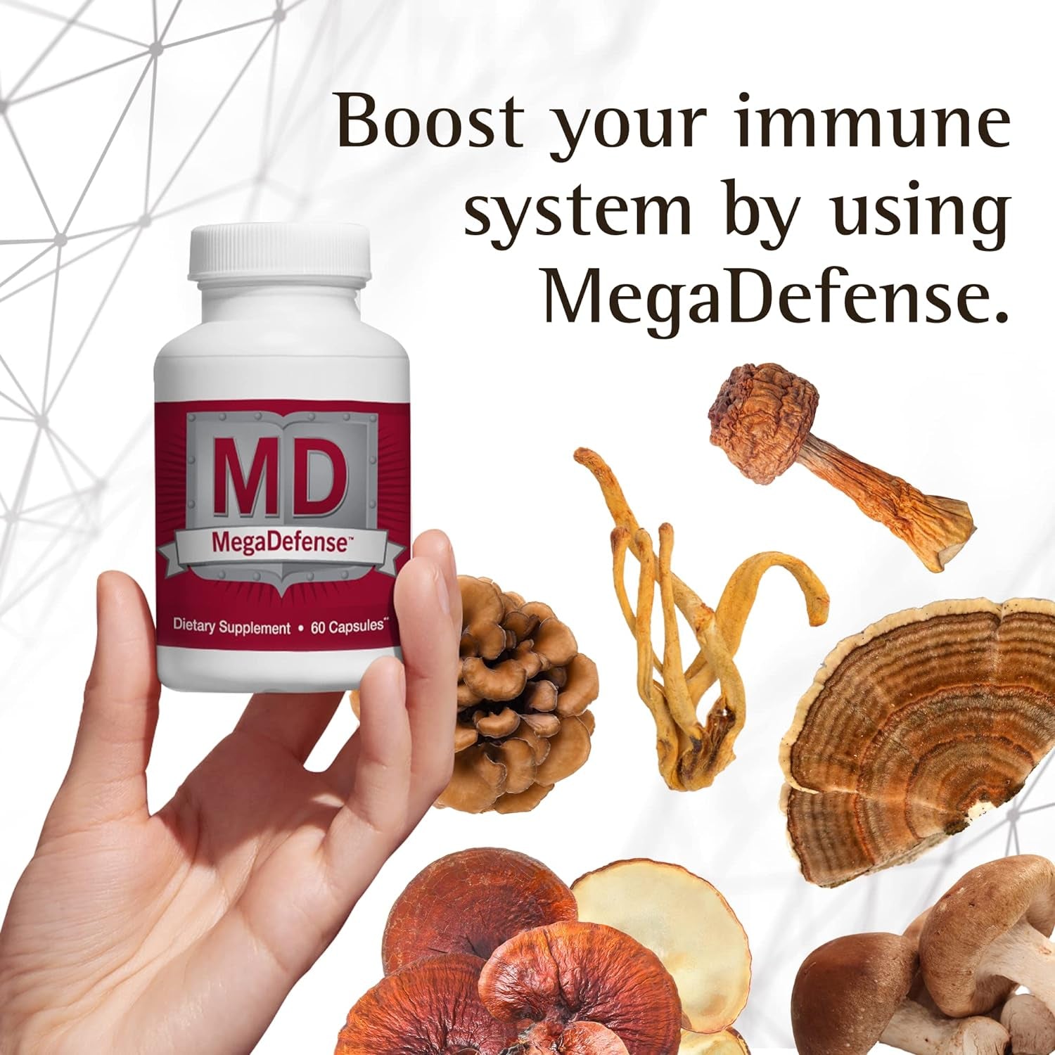 Megadefense Mushroom Capsules for Daily Wellness, 6 Mushroom Supplement: Reishi, Turkey Tail, Cordyceps, Maitake, Agaricus & Shiitake, Non-Gmo (2 Bott / 60 Veggie Cap Serv)