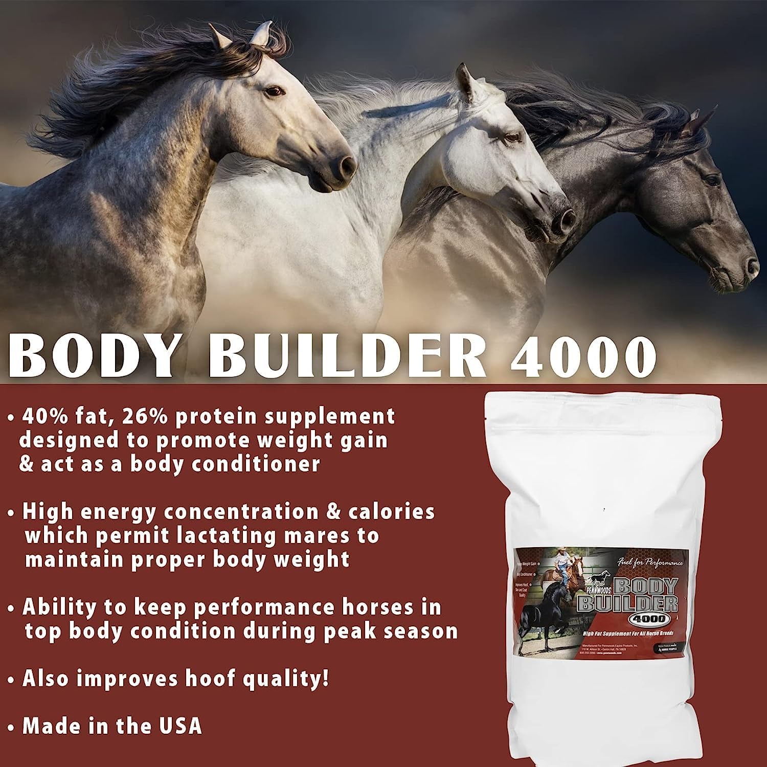 Body Builder 4000, Horse Weight Gain Supplement, High Fat and Energy Horse Weight Builder with Body Conditioning Horse Vitamins, Improves Hoof Quality - 12Lb Bag