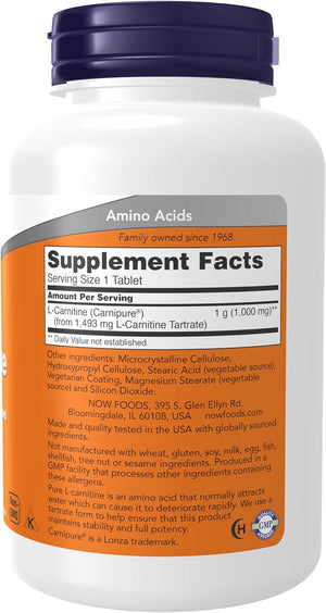 NOW Supplements, L-Carnitine 1,000 Mg, Purest Form, Amino Acid, Fitness Support*, 100 Tablets