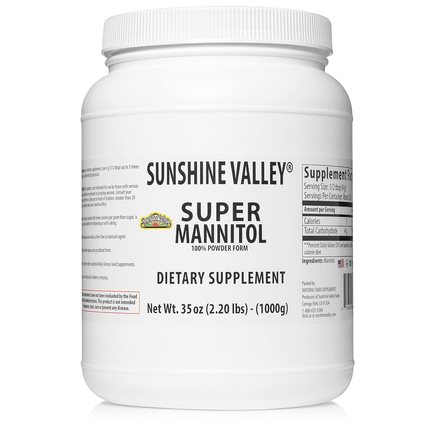 Sunshine Valley Super Mannitol Powder, Natural & Healthy Artificial Sweetener, Ultra-Pure Sugar Substitute, 100% Gluten-Free, Low Glycemic Dietary Supplement for Men & Women (35 Fl Oz)