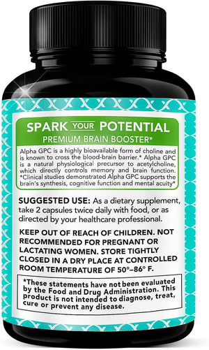 Alpha GPC Choline Supplement 600Mg, 99%+ Highly Purified, Highly Bioavailable Source of Choline,180 Veggie Capsules, Cognitive Enhancer Nootropic, Supports Memory & Brain Function, Boosts Focus & Mood